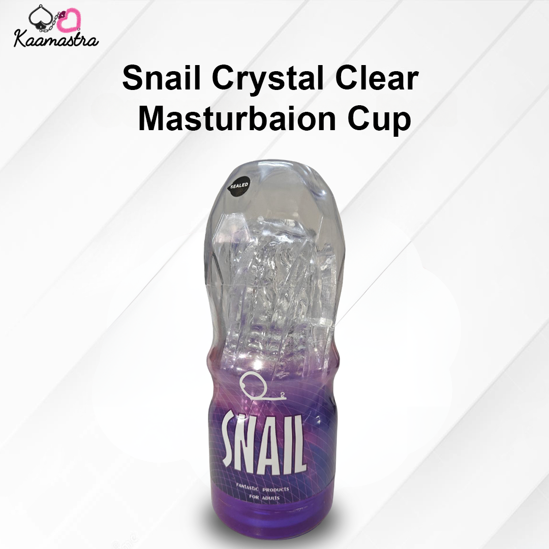 Clear masturbation cup with purple base and 'Snail' branding on a white background