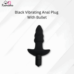 Black vibrating anal plug with bullet on a white background, branded 'Kaamastra'.