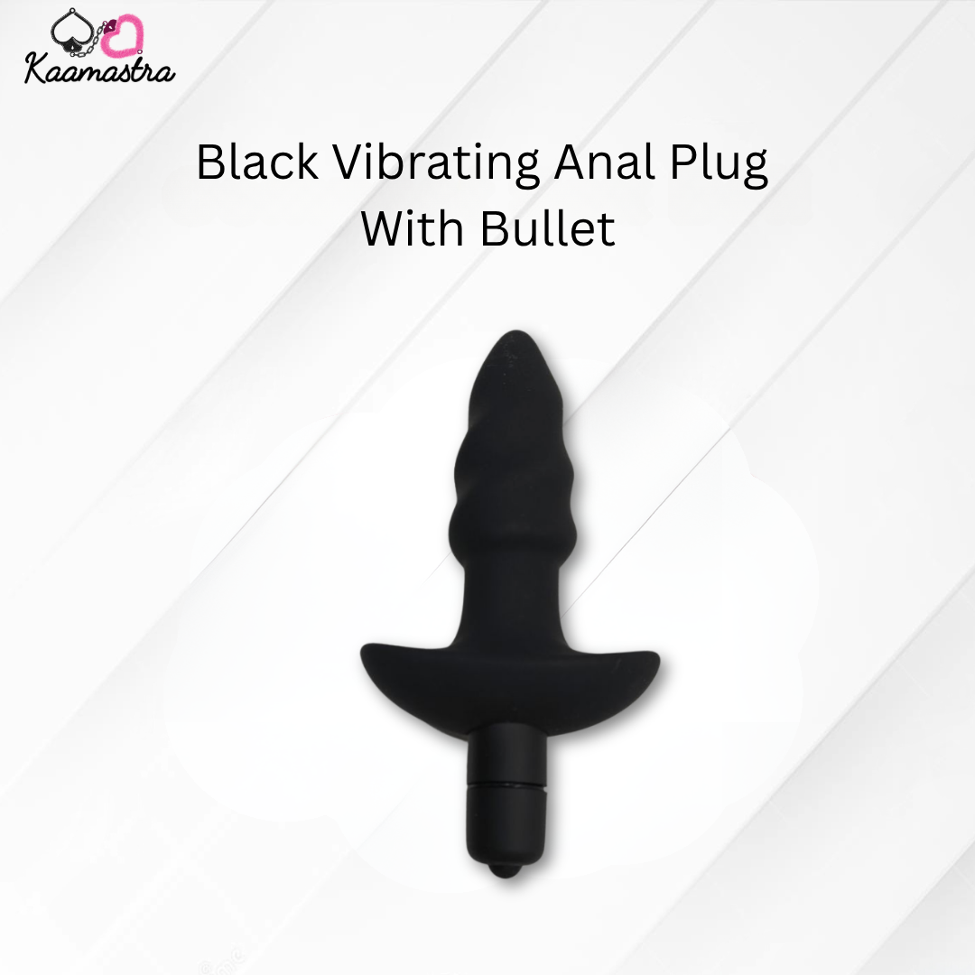 Black vibrating anal plug with bullet on a white background, branded 'Kaamastra'.