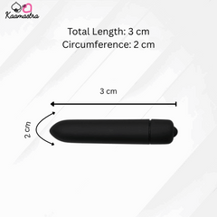 Black cylindrical object with measurements on a white background