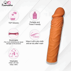 Orange silicone product with features listed on a white background