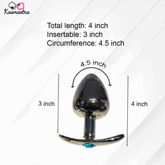 Measurement chart for a metallic object with dimensions labeled, featuring the brand 'Kaamastra'.