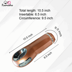 Measurement chart of a cylindrical device with dimensions labeled, featuring the brand 'Kaamastra'.