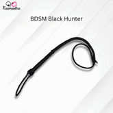 Black leather whip labeled 'BDSM Black Hunter' on a white background with 'Kaamastra' branding.