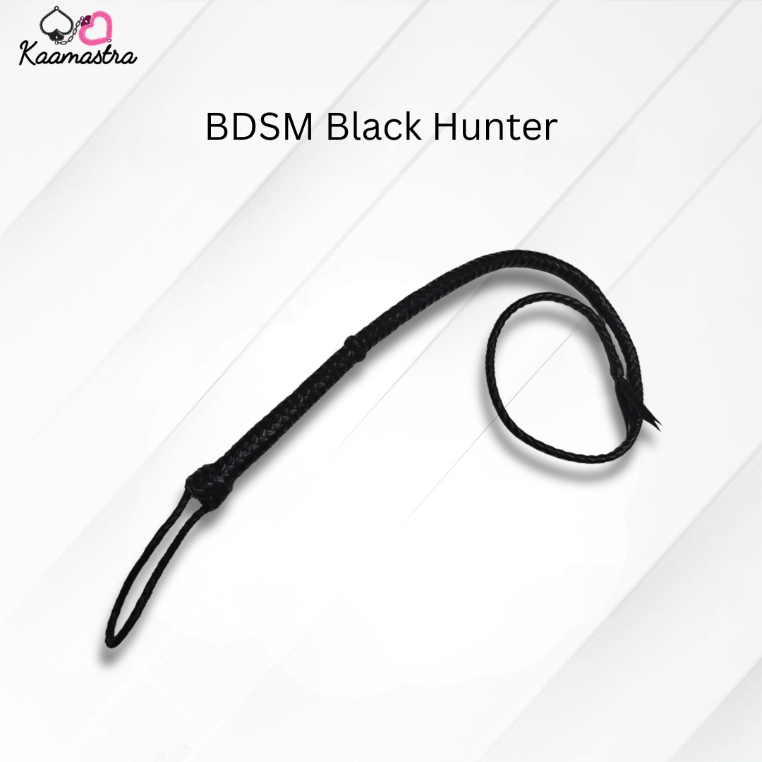 Black leather whip labeled 'BDSM Black Hunter' on a white background with 'Kaamastra' branding.