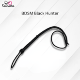 Black leather whip labeled 'BDSM Black Hunter' on a white background with 'Kaamastra' branding.