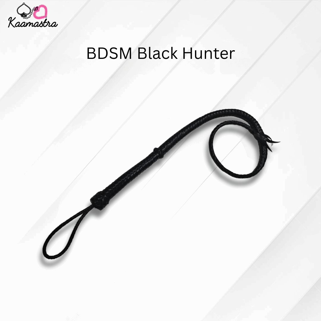 Black leather whip labeled 'BDSM Black Hunter' on a white background with 'Kaamastra' branding.