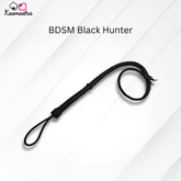Black leather whip labeled 'BDSM Black Hunter' on a white background with 'Kaamastra' branding.