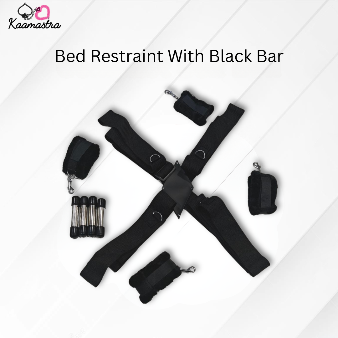 Black bed restraint set with black bar on a white background, branded 'Kaamastra'.