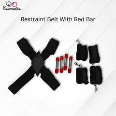 Black restraint belt with red bar and attachments on a white background