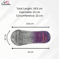 Measurement chart for a clear and purple object with dimensions labeled.