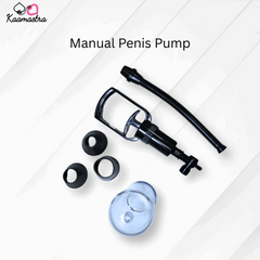 Manual penis pump with accessories on a white background, branded 'Kaamastra'.