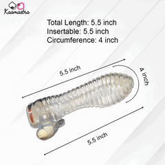 Measurement chart of a clear cylindrical object with dimensions labeled, branded 'Kaamastra'.