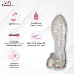 Clear silicone product with Kaamastra branding and usage instructions on a white background