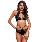 Kaamastra Black Halter Neck Floral Mesh and Polyester Women's Lingerie