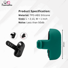 Product specs for Kaamastra Finger Massager - TPE+ABS silicone, <50dB noise, 2.13-inch length.