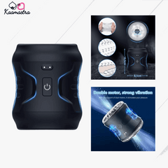 Front view of transparent vibrating masturbator cup with easy-to-use power button