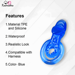 Blue silicone product with features listed on a white background