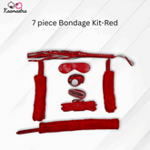 Red 7-piece bondage kit with various items on a white background