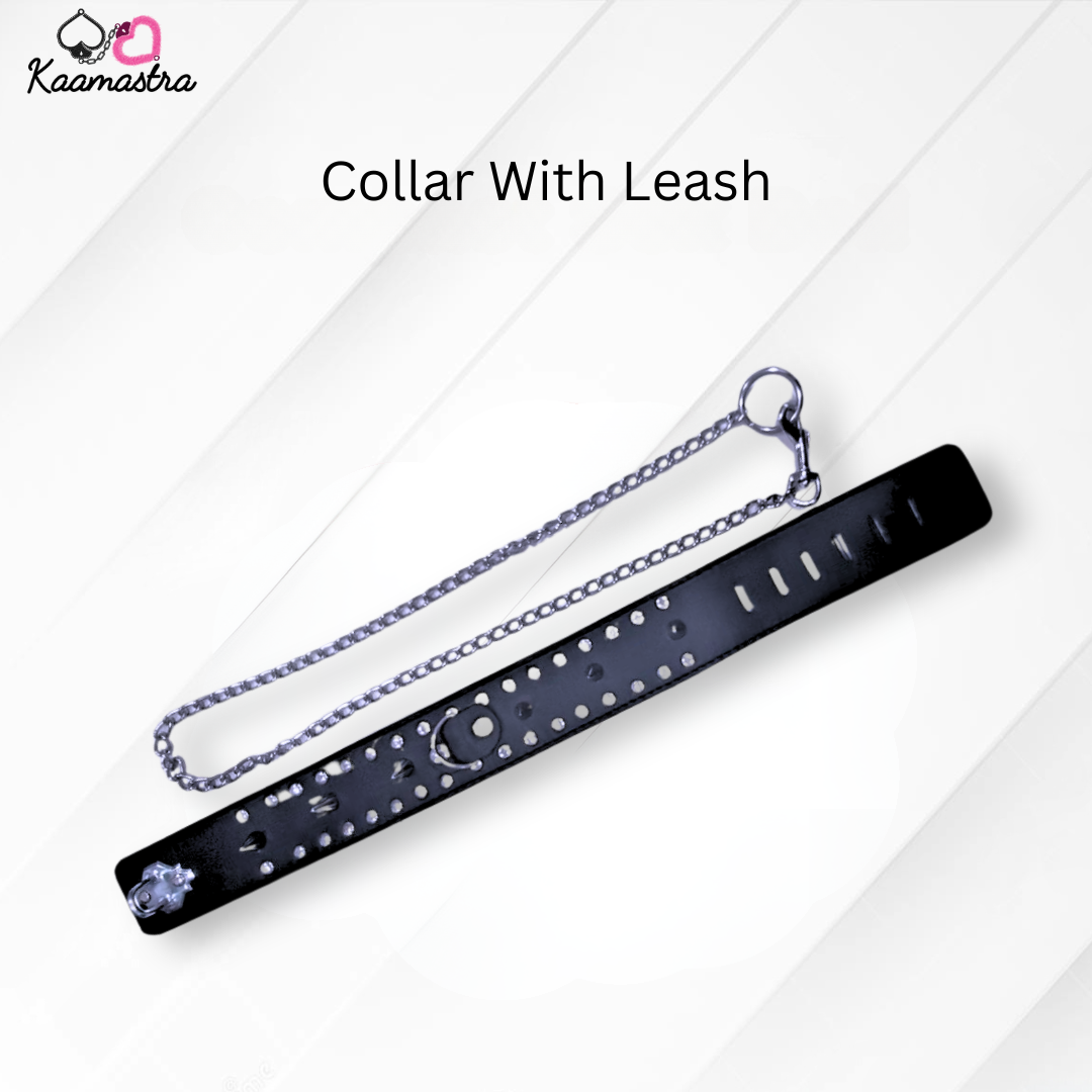 Black collar with leash on a white background, branded 'Kaamastra'.