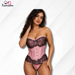 Pink Lace Corset Bustier Lingerie Set with Thong – XL