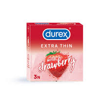 Packaging of Durex Wild Strawberry condoms for men displaying the box with red and white color scheme, featuring strawberry graphics, and indicating a thin design.