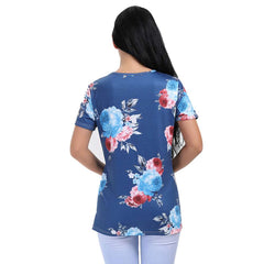 Kaamastra Blue Floral Print Regular Sleeve Round Neck Top for Women