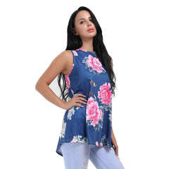 Kaamastra Blue Sleeveless High Neck Floral Women's Top