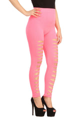A pair of baby pink leggings with shredded panel design, featuring a high waist and legging straps.