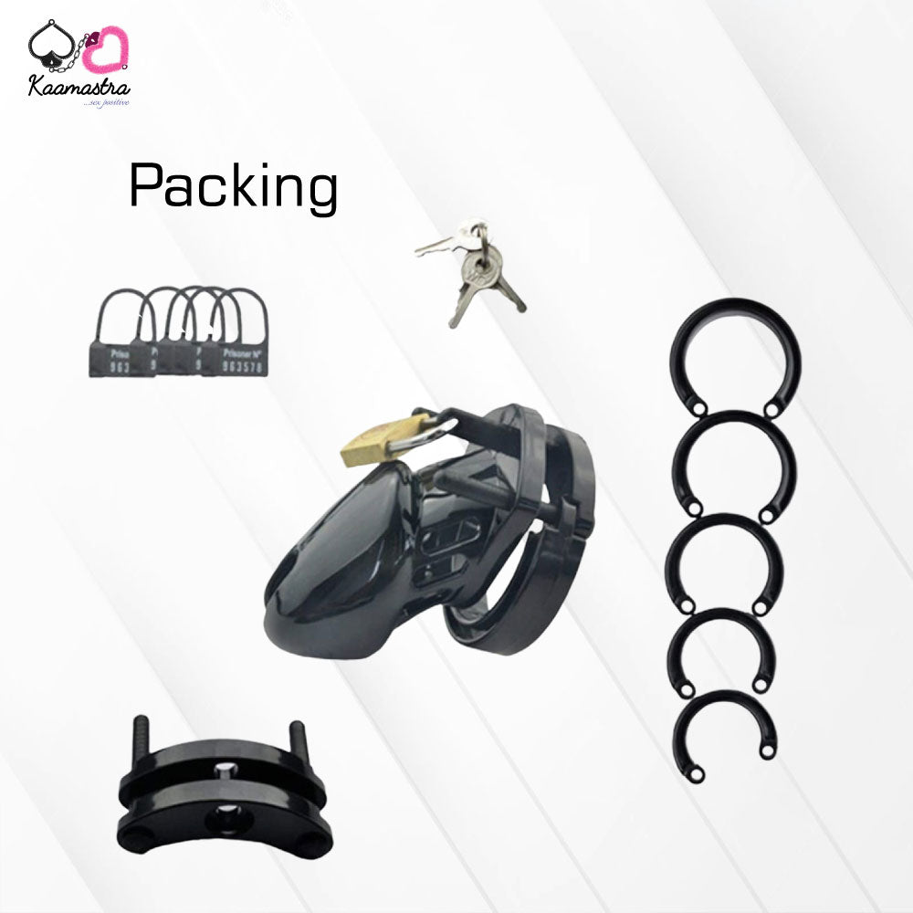 Kaamastra chastity cage packaging includes lock, keys, and sizing tools