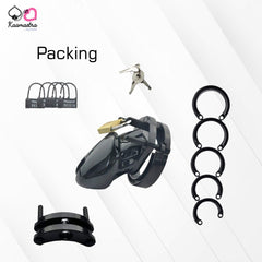 Kaamastra chastity cage packaging includes lock, keys, and sizing tools
