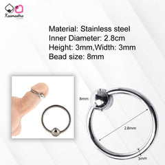 Technical specs of stainless steel penis ring showing 2.8cm inner diameter and 8mm bead