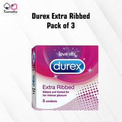 Packaging of Durex Extra Ribbed condoms, showing the box with branding and product description.