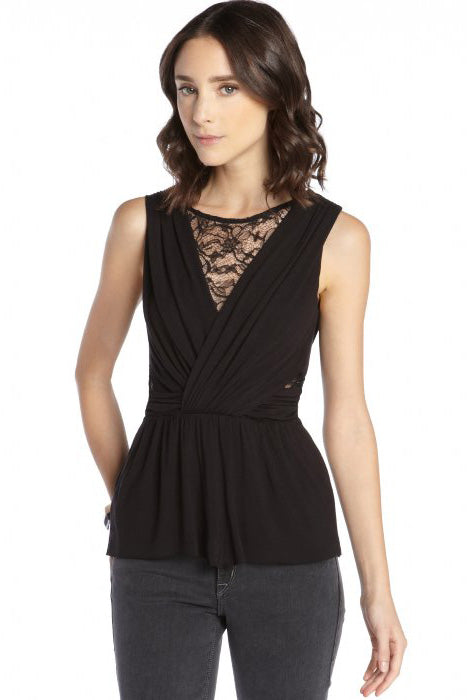 Kaamastra Black Floral Lace Sleeveless Criss Cross Waist Top for Women