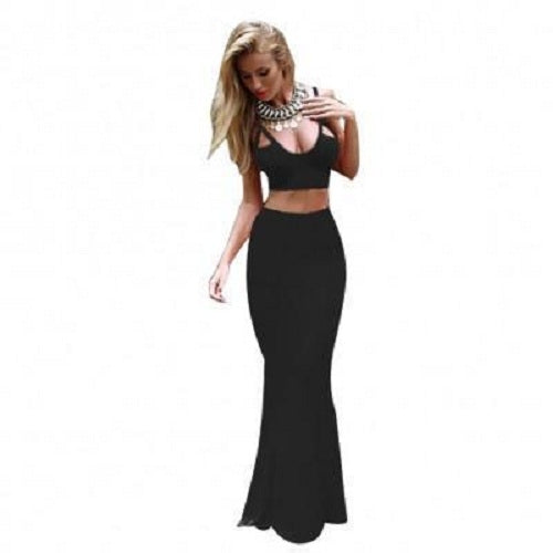 A model wearing a black maxi dress with a round neck and sleeveless design, featuring sequins on the neckline.