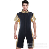 A man modeling a black and gold Kaamastra Fatal Attraction Front Zip Men's Catsuit with short sleeves and a gold neck.