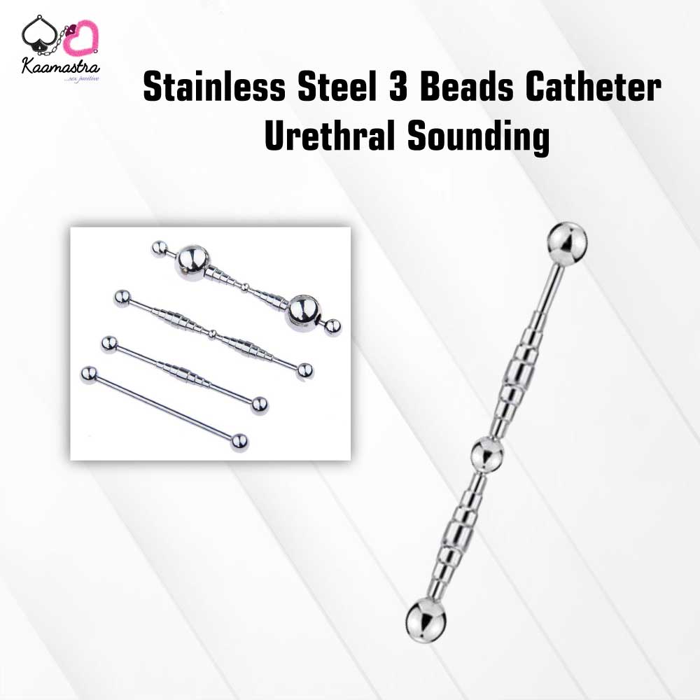 Kaamastra stainless steel 3-bead urethral sounding catheter on sterile background
