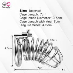 Detailed size specifications of Kaamastra steel chastity device showing 7cm cage length and 4.5cm ring diameter