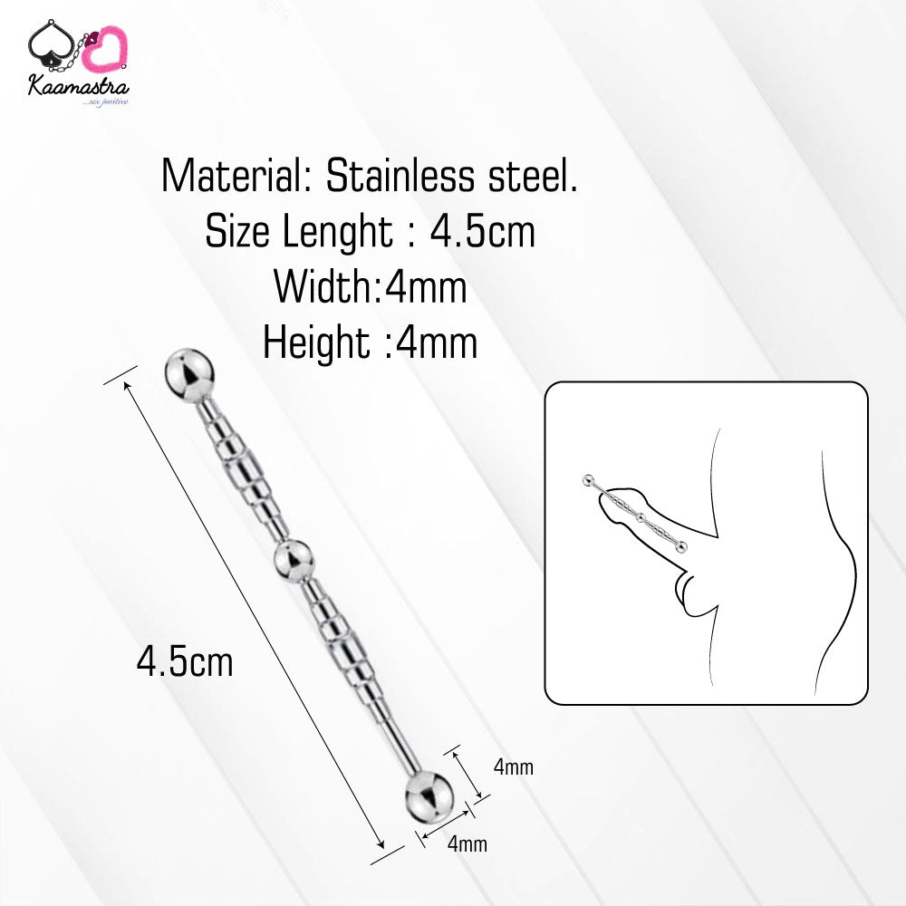 Close-up of Kaamastra urethral sound showing 4.5cm length and 4mm bead dimensions