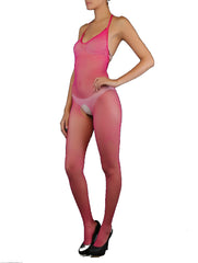 A person wearing a pink bodystocking with spaghetti straps, standing in a pose that showcases the garment's fit and design.
