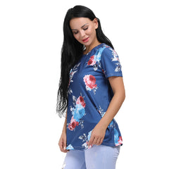 Kaamastra Blue Floral Print Regular Sleeve Round Neck Top for Women