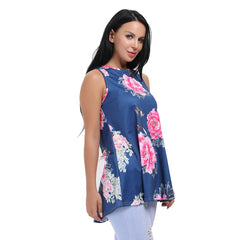 Kaamastra Blue Sleeveless High Neck Floral Women's Top