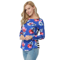 Kaamastra Blue Stripe & Flower Print Full Sleeve women's Top