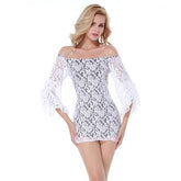 Kaamastra Sexy White Lace Slash Neck Horn Sleeve Bodycon Dress