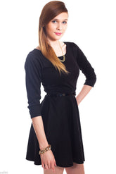 Kaamastra Black Plain Belted Skater Dress