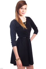 Kaamastra Black Plain Belted Skater Dress
