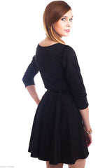 Black Plain Belted Skater Dress