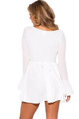 Kaamastra White Ruffle Long Bell Sleeve Neck A Line Dress
