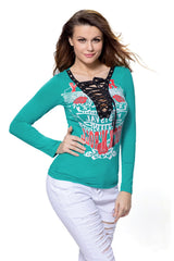 Kaamastra Green Lace Up Full Sleeve Printed Top