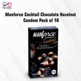Packaging of Manforce Cocktail Chocolate Hazelnut Flavoured Condoms, showing the box with condom packaging and hazelnuts illustrated in the background.
